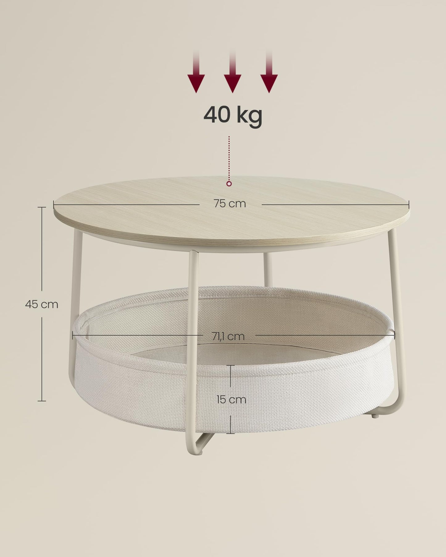 VASAGLE LCT244W10 Round Coffee Table with Storage Space Side Table Living Room Table with Fabric Basket Modern Metal Frame Matt White Camel Brown