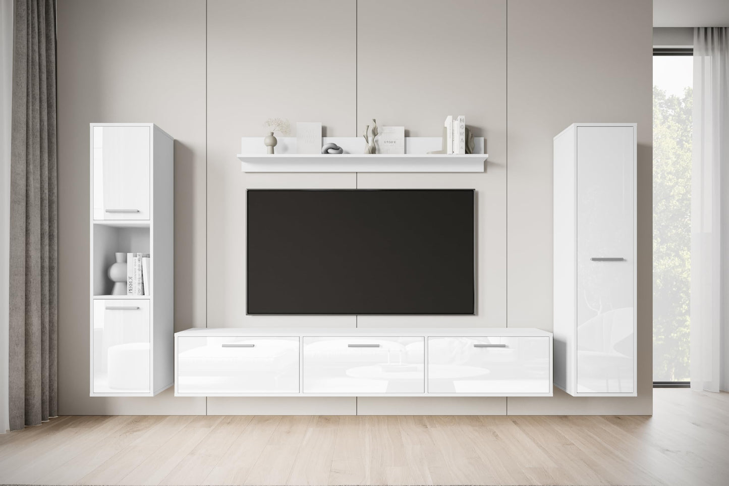MINIO go for it - Living Room Wall Unit 4-Piece Toga, Living Room Furniture Set, 1 x TV Lowboard, 2 x Tall Cabinet, 1 x Wall Board, Living Room Furniture Complete, Living Room Set - Colour Wotan Oak