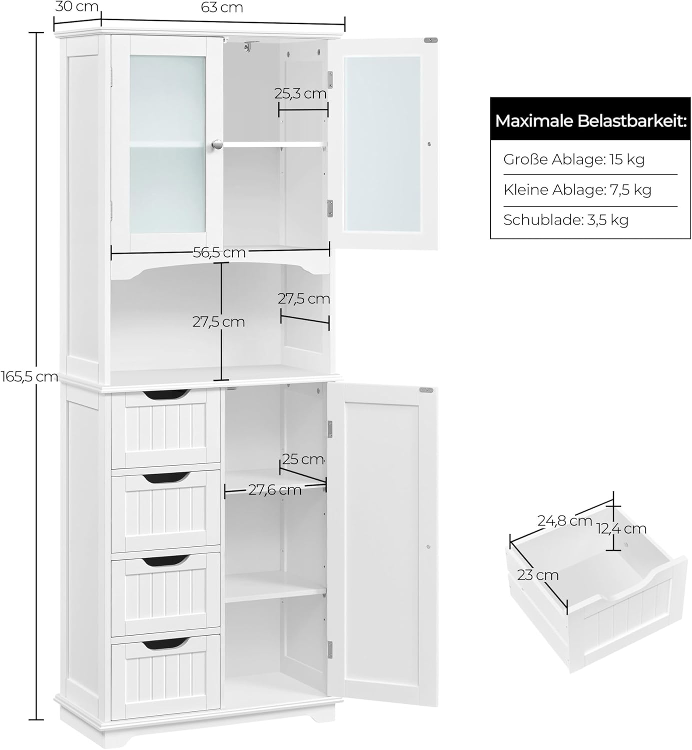 Yaheetech Tall Bathroom Cabinet, Kitchen Cabinet with Glass Doors and Storage Compartment, Storage Cabinet, Bathroom Chest of Drawers with 4 Drawers and Adjustable Shelf, 63 x 30 x 165.5 cm