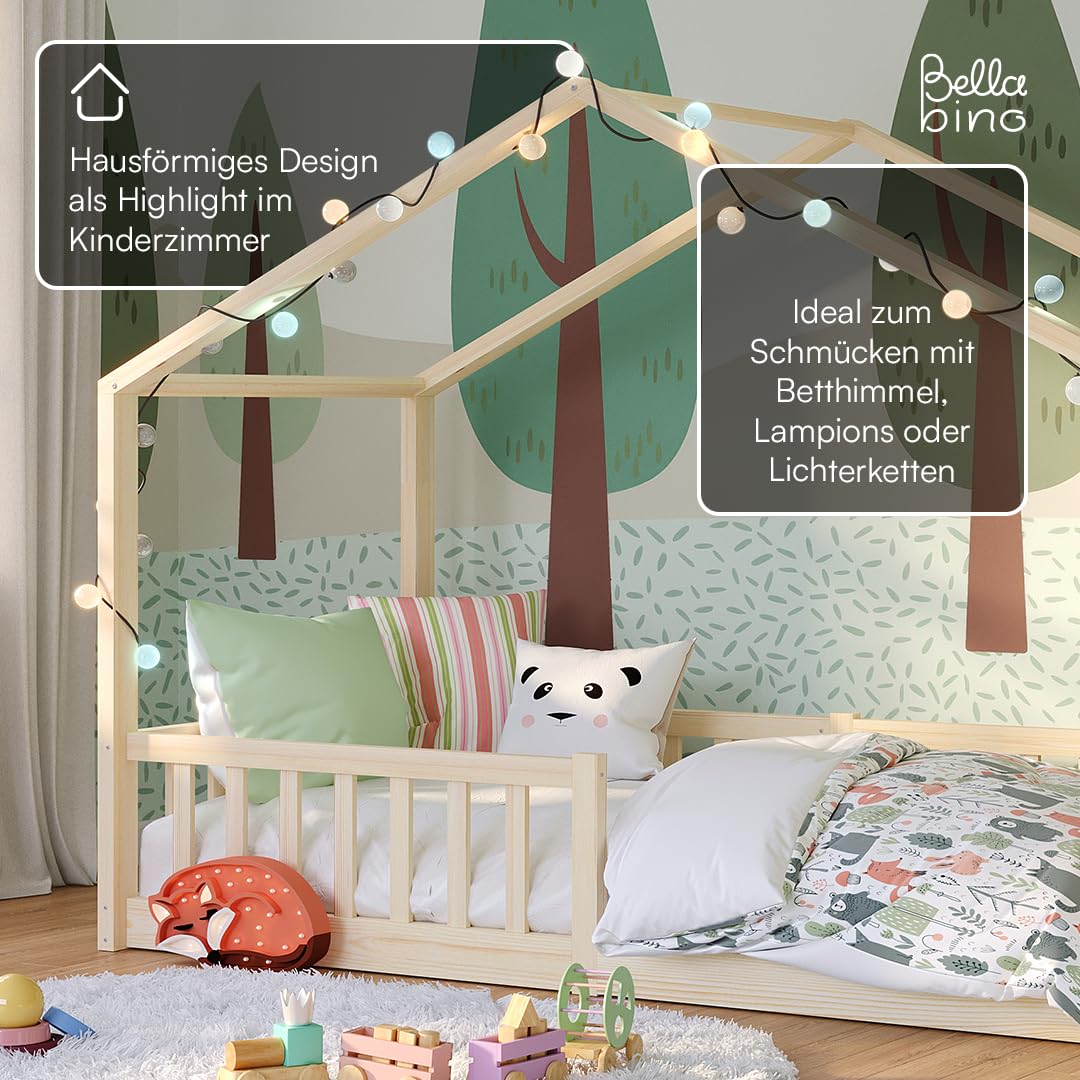 Bellabino Bia Children’s Bed, 90 x 200 cm, Children’s House Bed incl. Fall Protection and Rolled Slatted Frame, Montessori Floor Bed, White, Solid Pine Wood