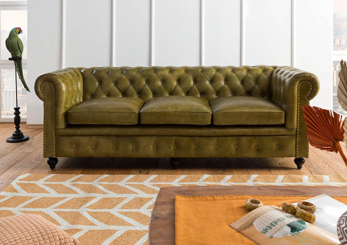 MASSIVMOEBEL24.DE Chesterfield #103 3-Seater Sofa Real Leather 218 x 82 x 76 cm Brown