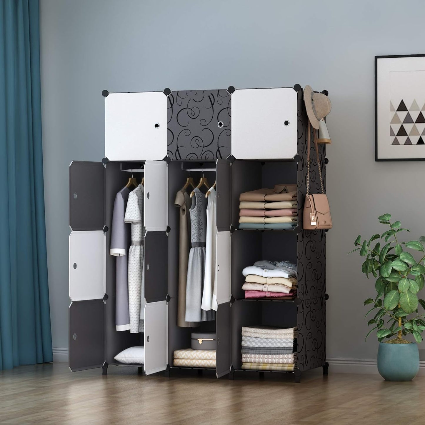 HOMIDEC Wardrobe, Portable Shelf System, 20 Cube Plastic Cabinet with 2 Clothes Rails, Bedroom Wardrobe, White for Bedroom, 180 x 142 x 45 cm