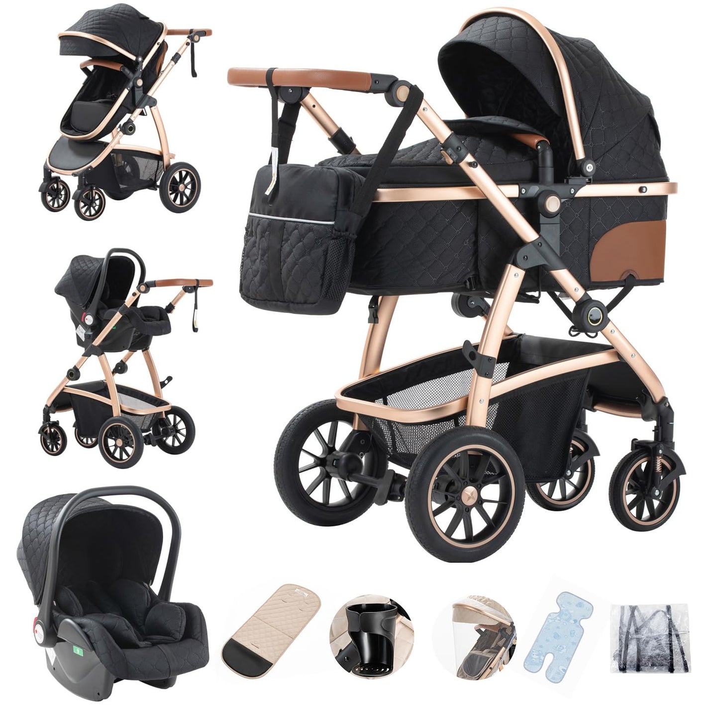 Gcarebb PU Leather 3-in-1 Pram, Buggy with Car Baby Seat, Foldable Portable Pushchair Complete Set, Combination Pushchair with Aluminium Frame for Newborns 0-4 Years