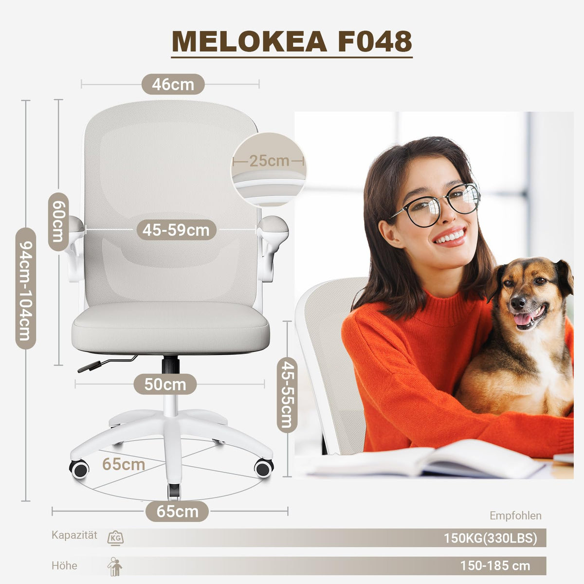 MELOKEA Desk Chair, Bionic 4D Lumbar Support, Office Chair Ergonomic with 100° Folding Armrest, Office Chair Height Adjustable, Mesh Computer Chair, Meets EN12520 Standards, Grey Beige