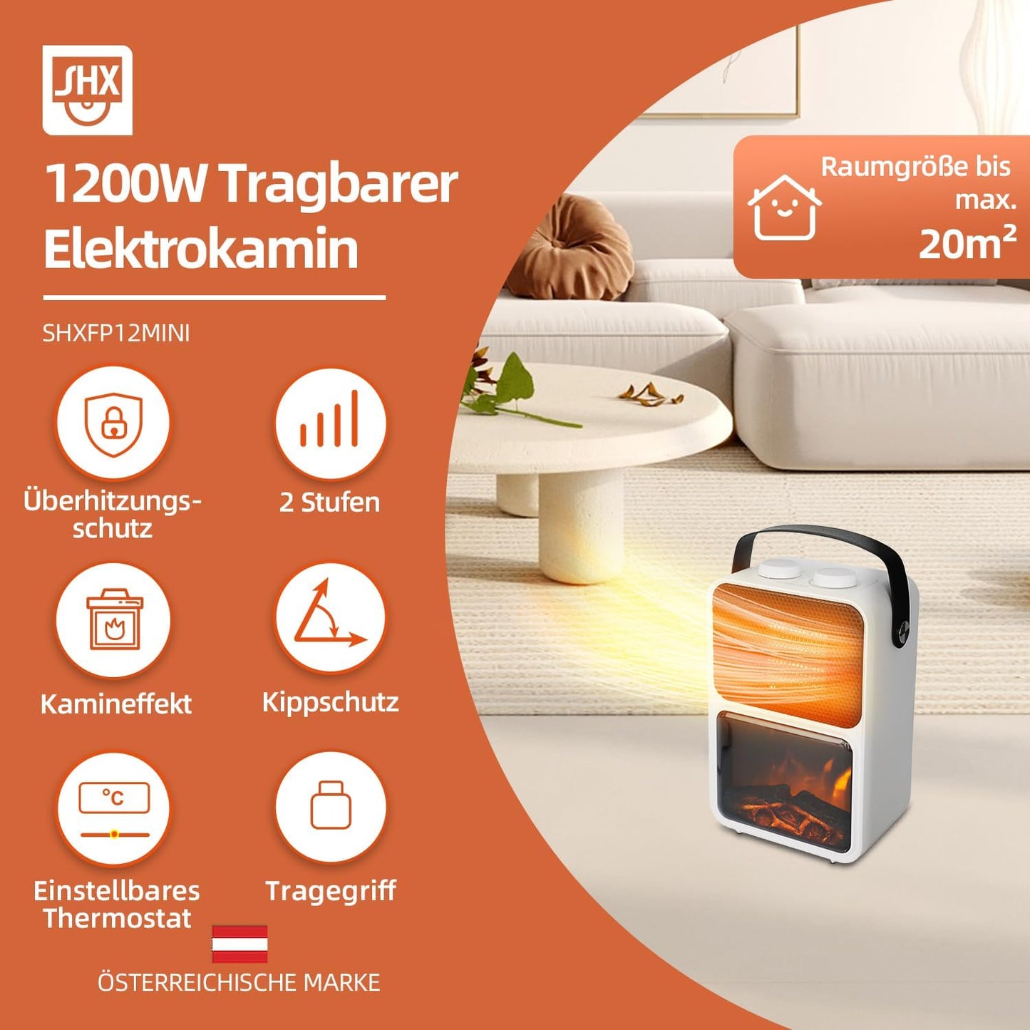 SHX Electric Fireplace with Fan Heater, LED Fireplace, Flame Effect, Electric Fireplace with 1200 W Power, 2 Heat Settings, Quiet Heater (White)