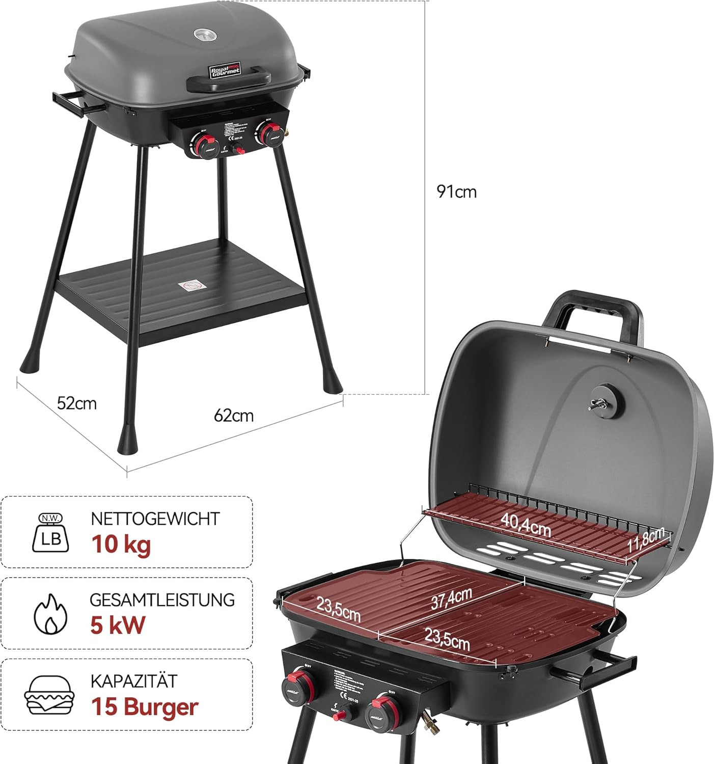 Royal Gourmet 2-Burner Gas Barbecue Small Balcony Picnic Grill 5 kW Barbecue Trolley for Garden and Camping with Easy to Disassemble Grill Stand