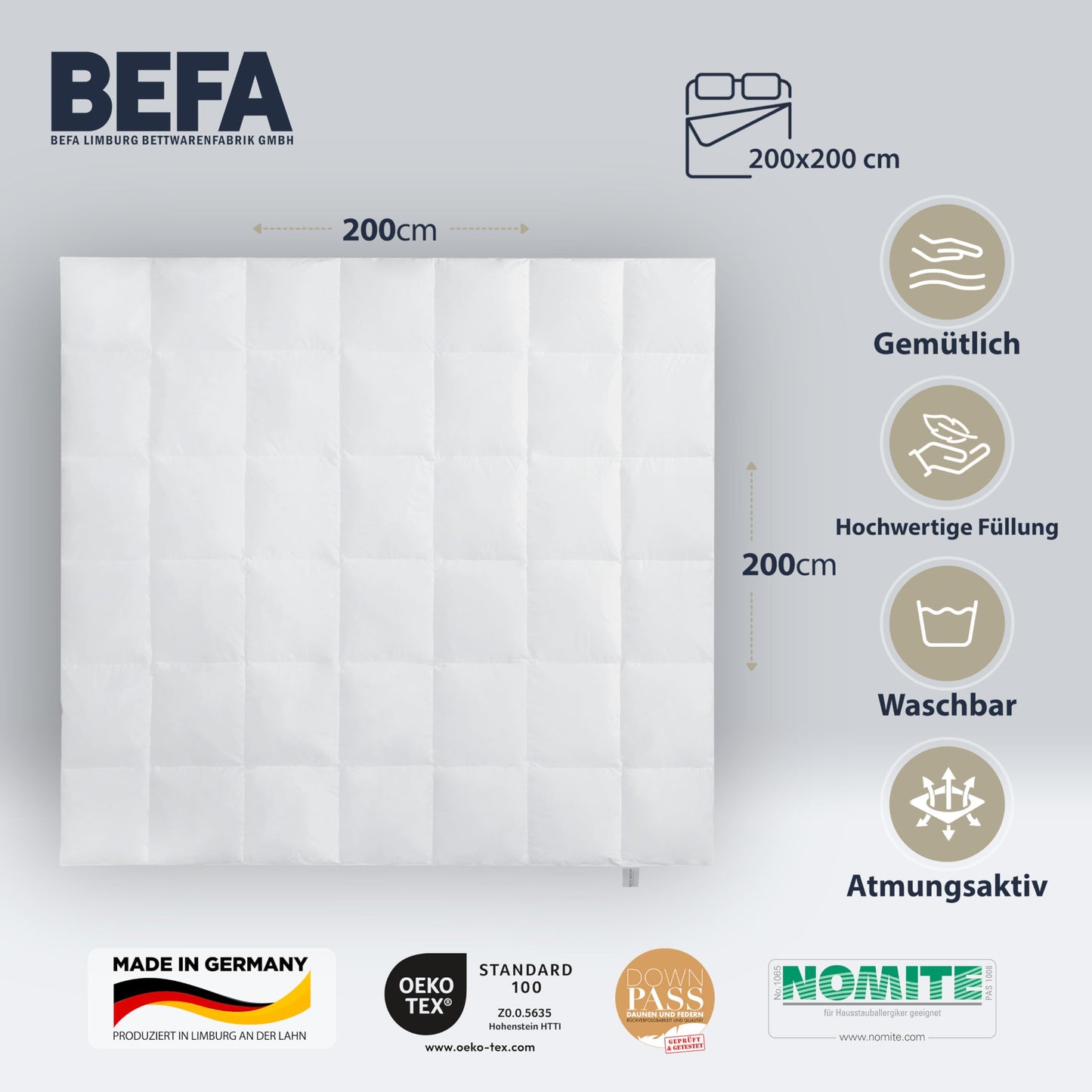 BEFA NATUR Down Duvet, Made in Germany, 135 x 200 cm, 90% Down and 10% Feathers, Summer Duvet, Suitable for Allergy Sufferers (Nomite), Oeko-Tex 100 Class 1 Certified, EN Standard 12934, Downpass