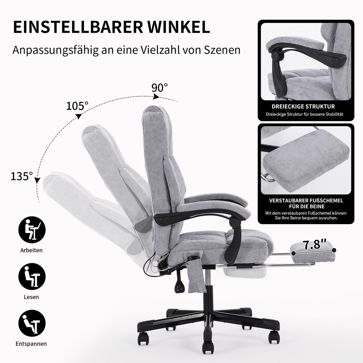 Ergonomic Office Chair, Massage and Heat Chair, Swivel Chair with Footrest, Furniture for Study, PC Chair, Executive Chair, Fabric (Grey)
