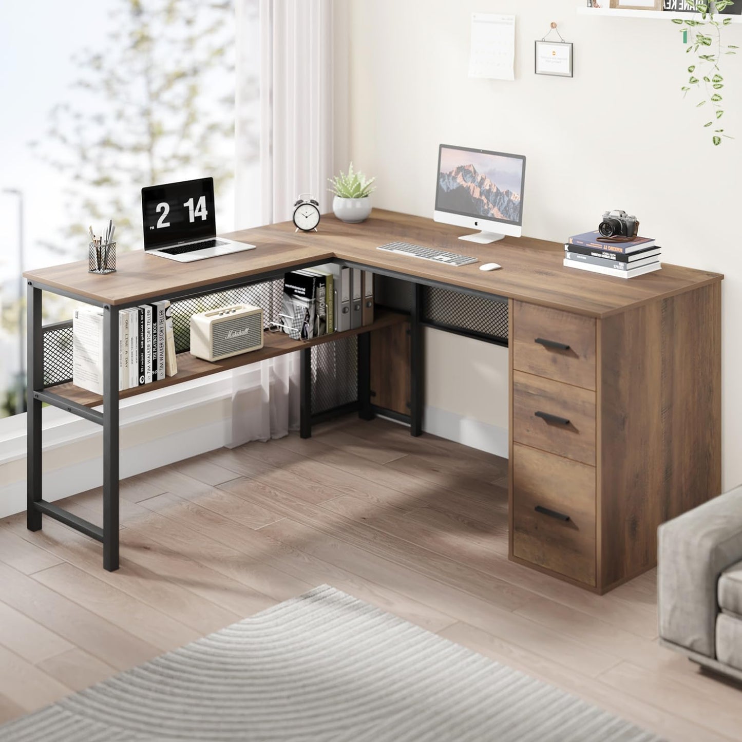 LVB White L Shaped Corner Desk with Drawers, Reversible Modern L Shaped Computer Desk with Storage Cabinets, Large L Shaped Wooden L Shaped Desk Metal L Shape