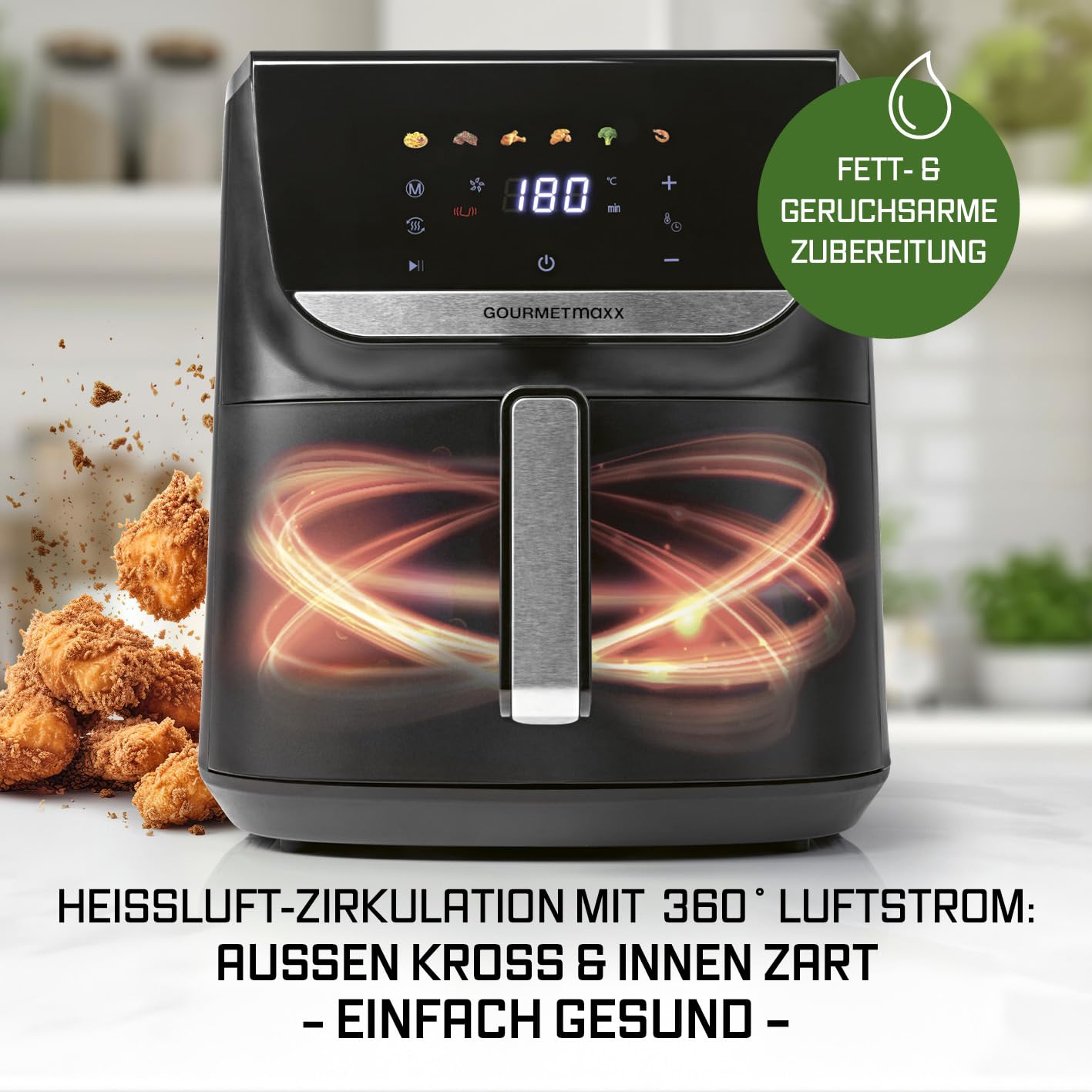GOURMETmaxx Digitale Heißluftfritteuse 12 L, XXL-Edelstahl-Ofen | Airfryer + Timer, Touchdisplay, Drehspieß | fettarm, energiesparend frittieren | 10 Programme inkl. Pizza | 1800 W