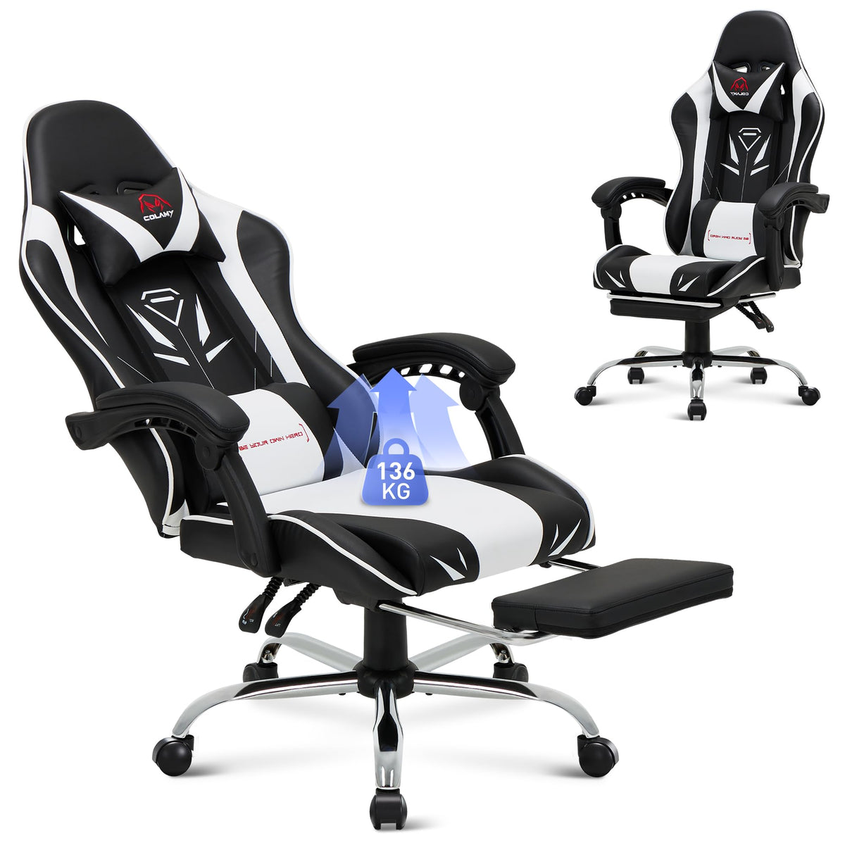 COLAMY Gaming Chair, Computer Chair with Footrest and Lumbar Support, Height-Adjustable Gaming Chair with 360° Swivel Seat and Headrest, Video Gamer PC Chair, Ergonomic High Backrest, Red