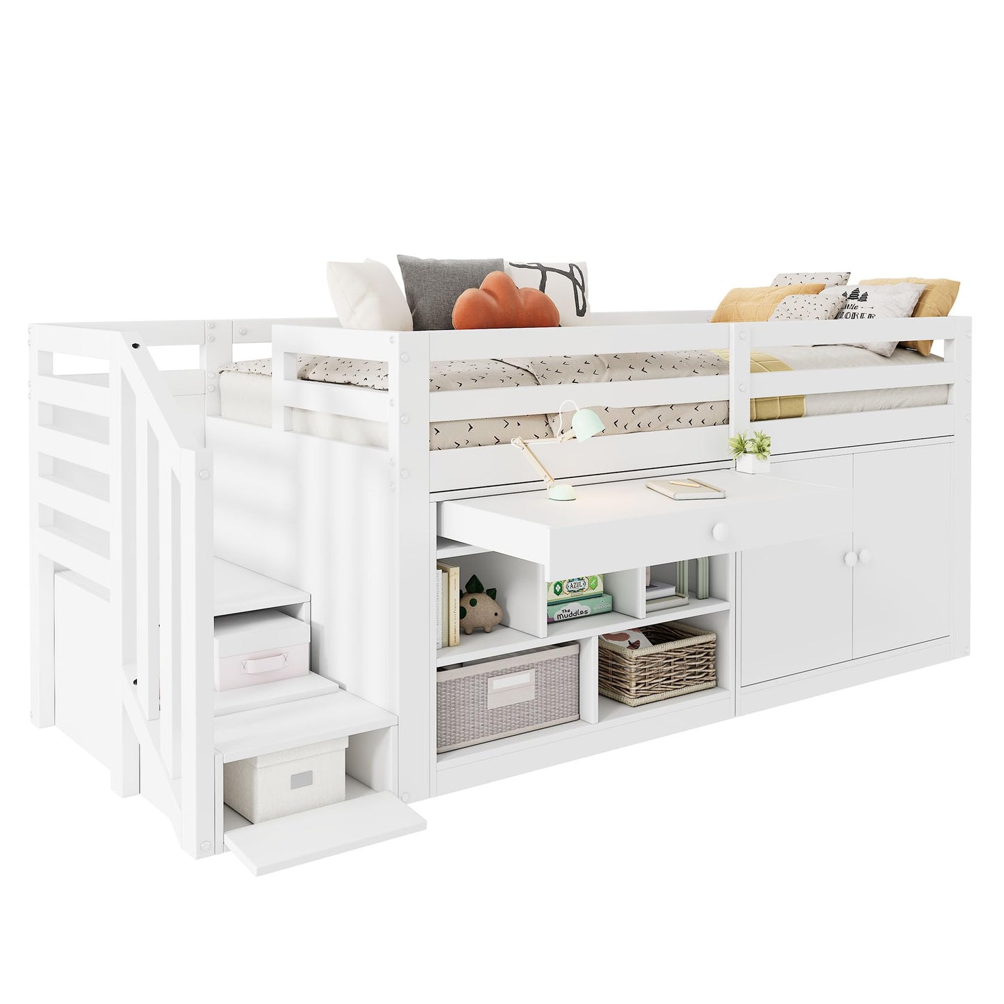 Merax Kinderbett 90x200 cm aus Holz, Multifunktionales Hochbett mit austauschbarer Treppe & Stauraum, Schubladen als Schreibtisch nutzbar, Weiß (Ohne Matratze)
