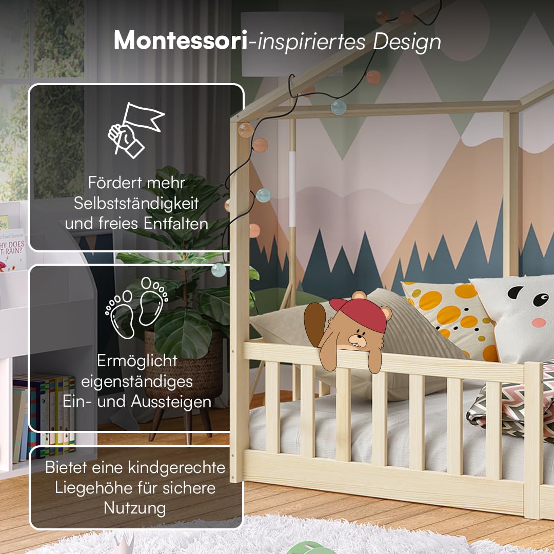 Bellabino Bia Children’s Bed, 90 x 200 cm, Children’s House Bed incl. Fall Protection and Rolled Slatted Frame, Montessori Floor Bed, White, Solid Pine Wood