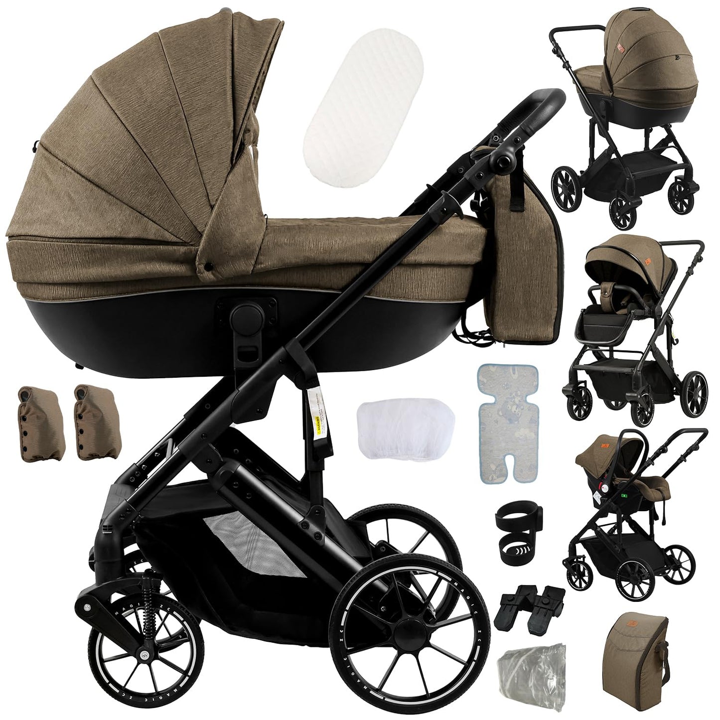 Doraystar 360° Rotation PU Leather Pushchair 3-in-1 Combination Pushchair 3-in-1 with Two Reversible Sliding Modes, Pushchair Complete Set with One-Click Folding Design, Aluminium Alloy Frame (906