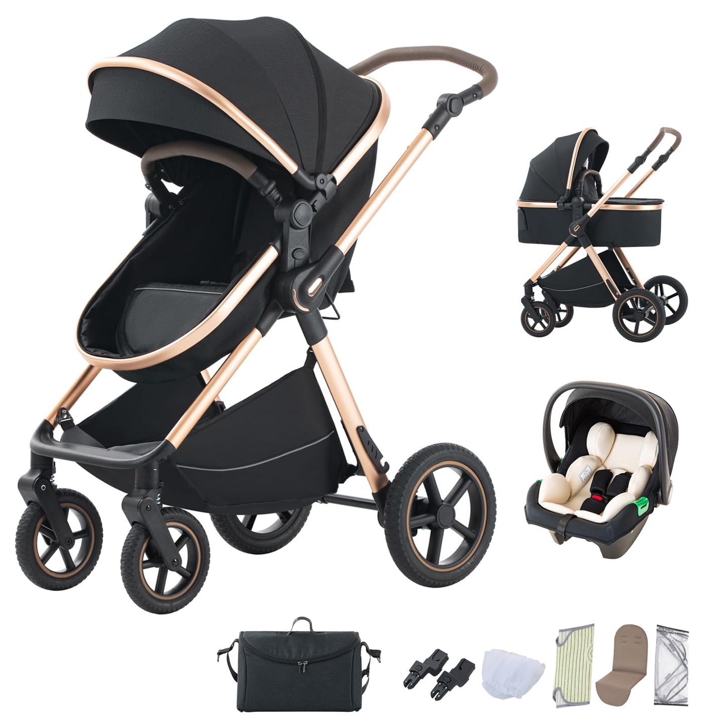 BEBBY 3-in-1 Pushchair Combination Pram Set 2-in-1 Buggy Foldable Luxury High Landscape Newborn Portable Foldable Pushchair Travel System (Black Gold, H2)