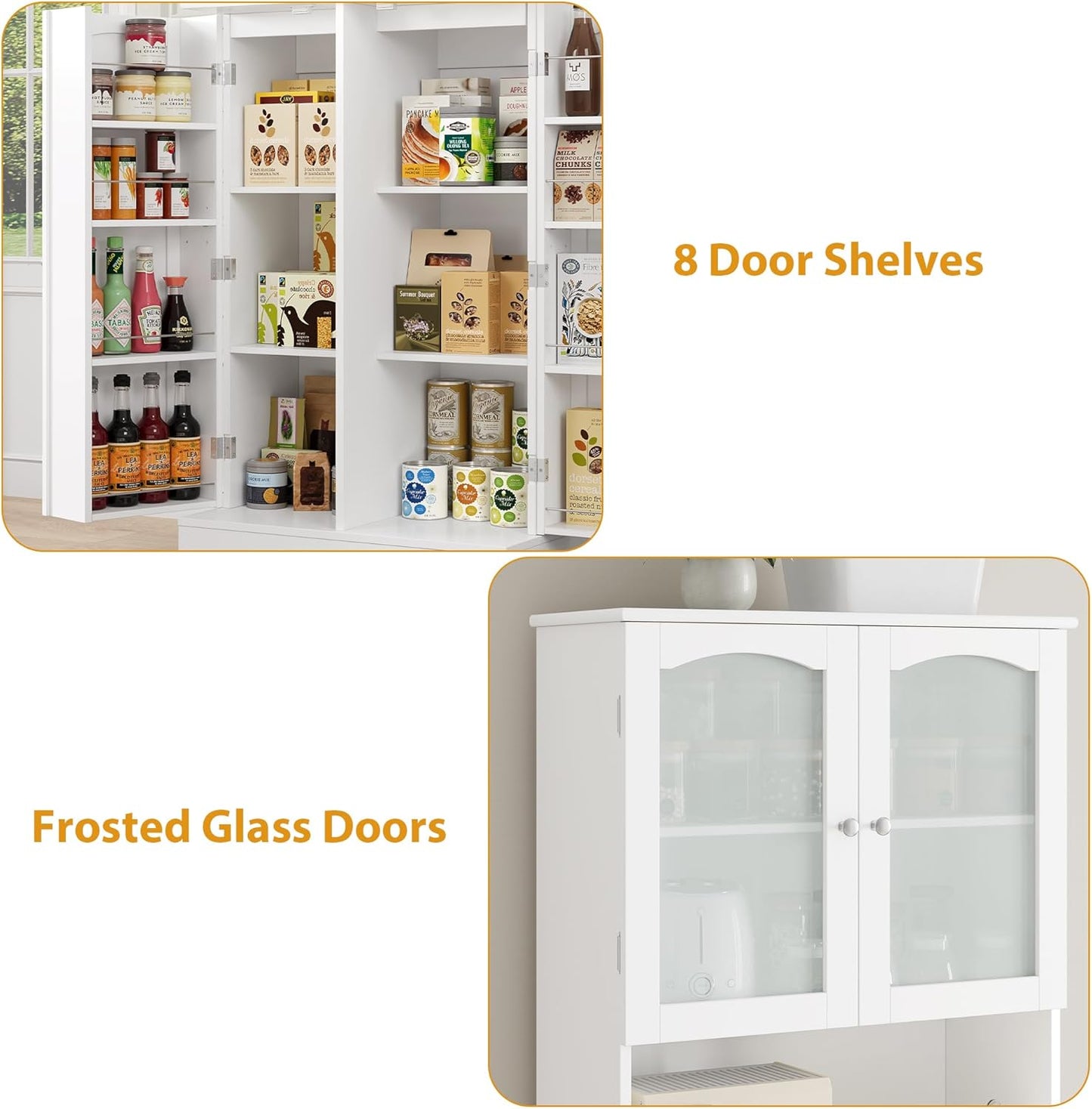 HOCSOK 181 cm Tall Kitchen Cabinet, Buffet Cabinet with Microwave Shelf and 8 Door Shelves, Freestanding Kitchen Storage Cabinet for Kitchen, Modern Style, White