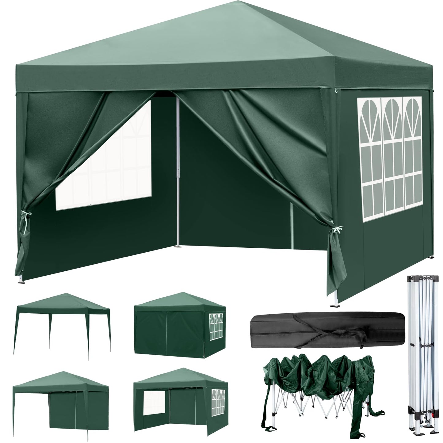 LEADZM Gazebo 3 x 3 m, Folding Gazebo, Waterproof, UV Protection 50+, Height Adjustable with 4 Mosquito Nets, Sturdy, Ideal for Garden, Patio, Camping and Commercial Use