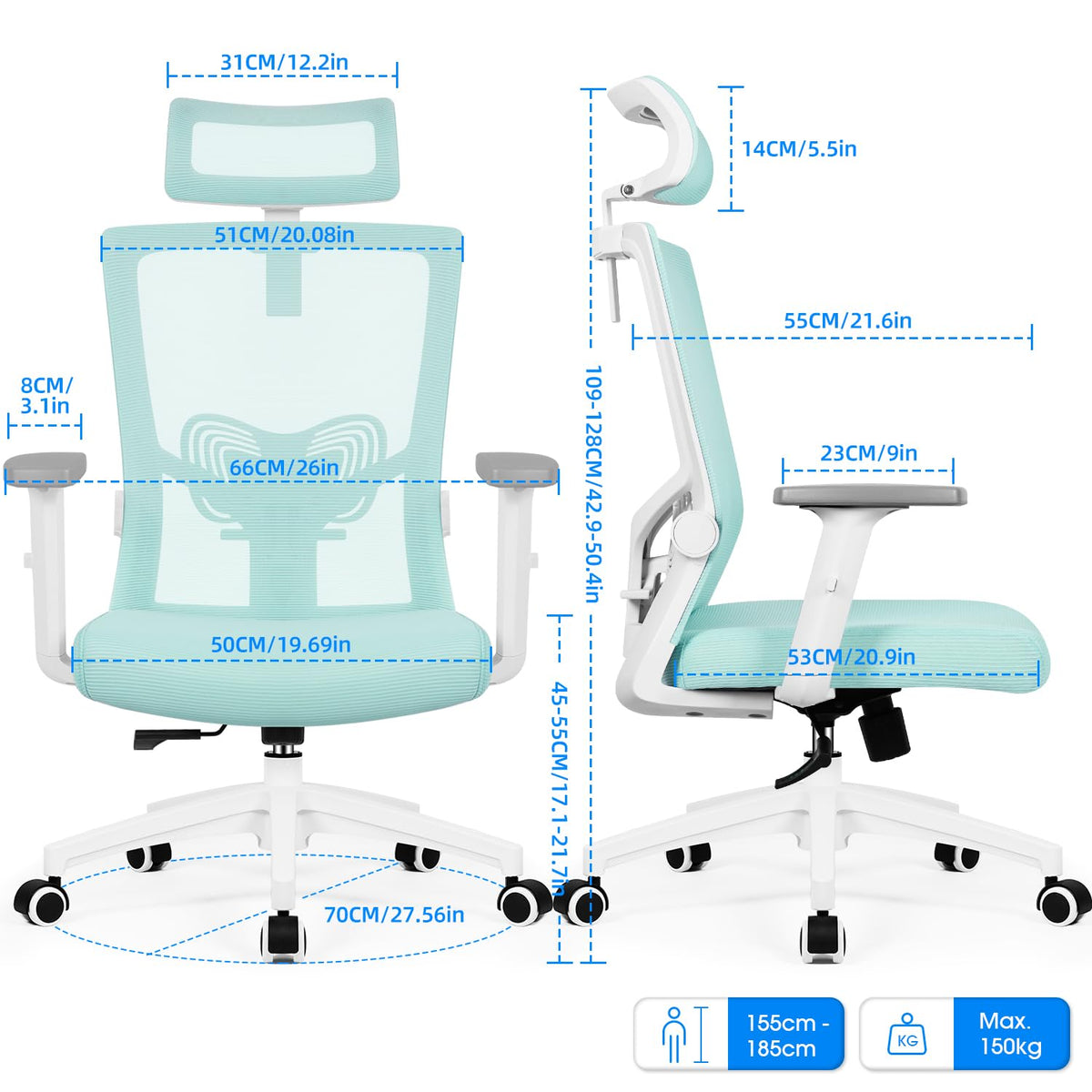 Daccormax Ergonomic Office Chair, Desk Chair with Adjustable Headrest, Armrests, Lumbar Support, Swivel Chair, Rocker Function, Mesh Executive Chair, Back-Friendly, Office Chair 150 kg