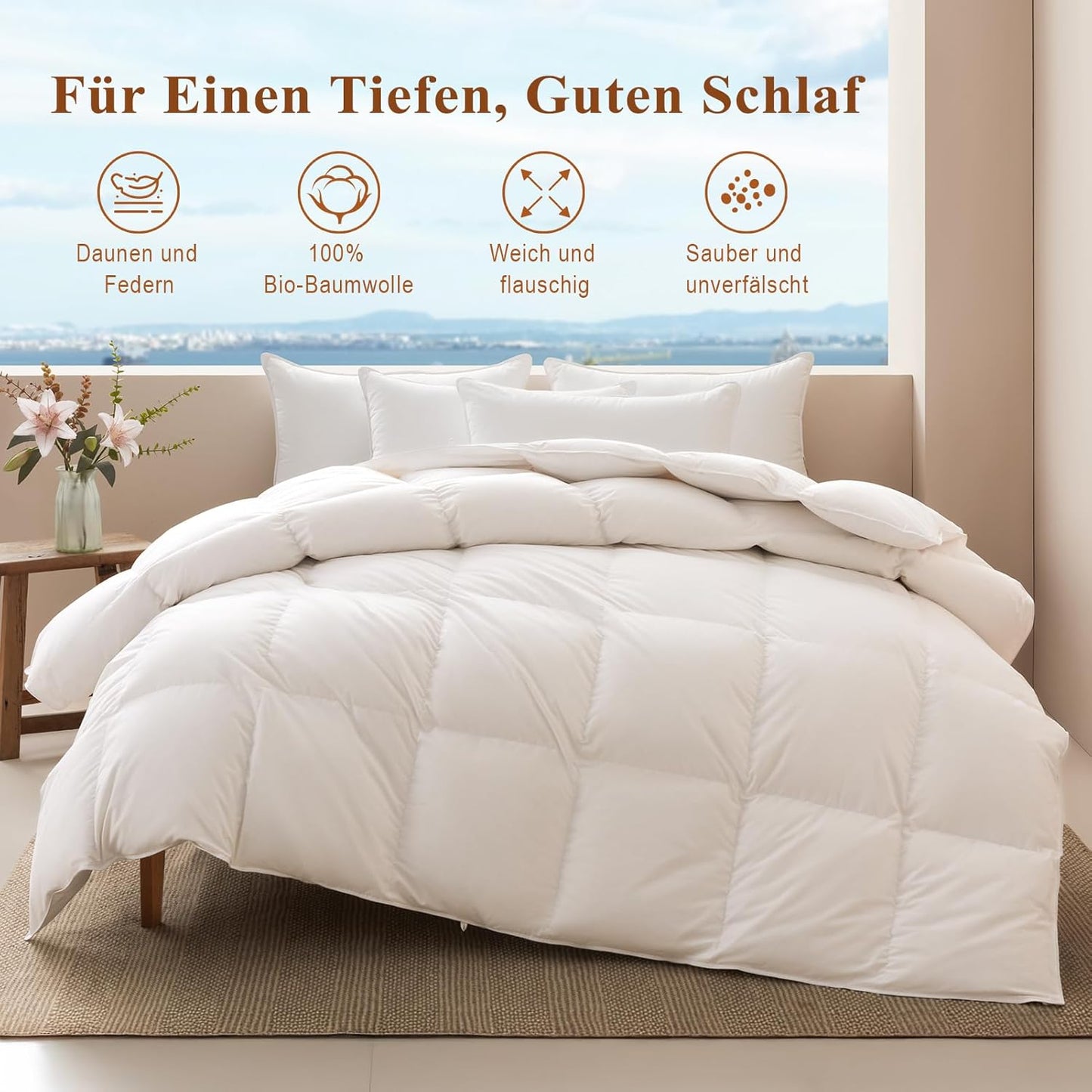 APSMILE Lightweight Down Duvet 155 x 220 cm, Thin Goose Down Duvet for Summer Duvet, Organic Cotton, 510 g, Cooling Duvet for Warm Weather/Hot Sleepers (155 x 220 cm, White)