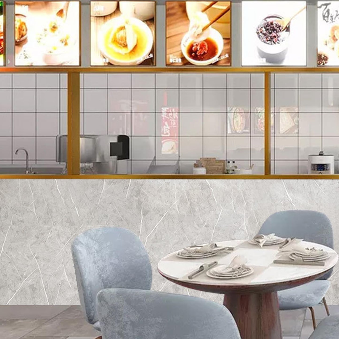 Kitchen Stove Back Wall Tiles, Kitchen Splashback in Marble Look, 60 cm x 3 m Rolls, Splash Guard, Kitchen, PVC Adhesive Tiles, Wall Tiles, Self-Adhesive, Kitchen Back Wall Plate