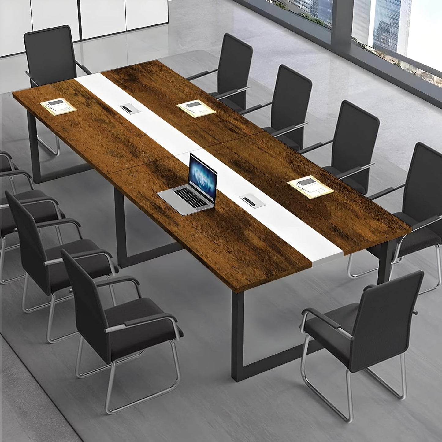 Large Conference Table, Modern Meeting Table with Cable Channel and Black Metal Frame for 8-12 People, Rectangular Seminar Table for Office, Conference Room