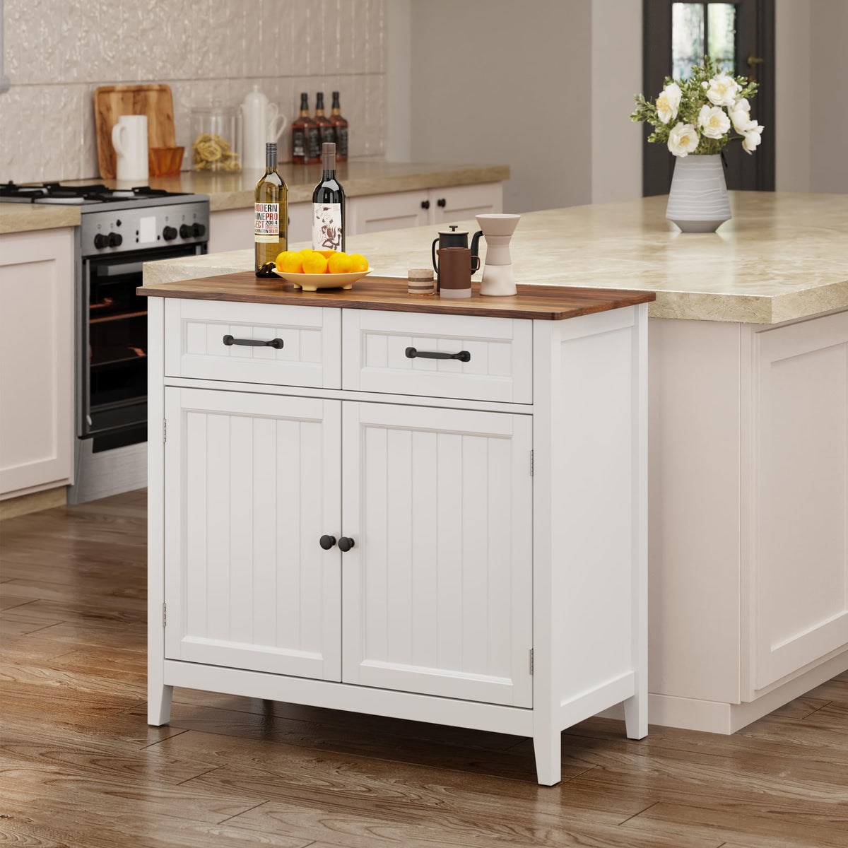 Bealife Kitchen Cabinet, Chest of Drawers with 2 Drawers and 2 Doors, Sideboard Kitchen Buffet with Worktops for Kitchen, Living Room, Hallway and Dining Room (Brown)