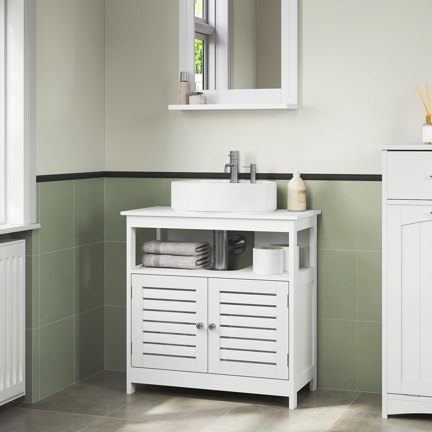 EUGAD Bamboo Vanity Unit with Slat Doors, Adjustable Shelf, 60 x 60 x 30 cm