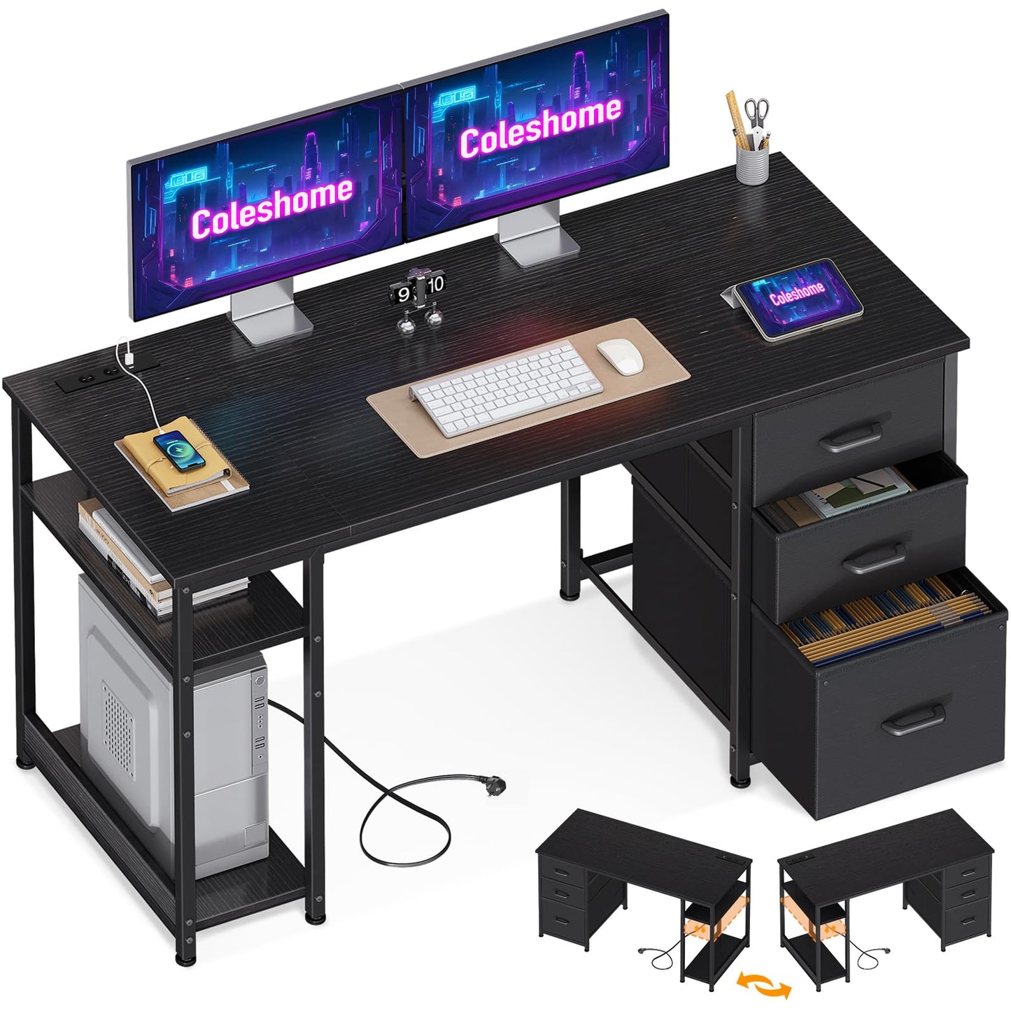 Coleshome Fabric Desk with 3 Drawers, 130 x 48 cm Computer Desk with 2 Sockets and 2 USB Charging Ports, PC Table with Shelf, Reversible Office Table for Office, Living Room, White