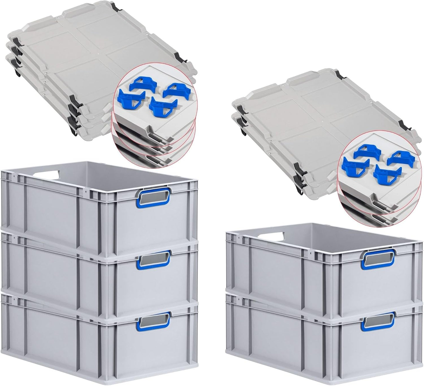 PROREGAL Economy Set of 5 Eurobox NextGen Colour with Lid and Sliding Snap Fasteners, H x W x D 22 x 30 x 40 cm, 20 L, Black, Closed Handles, Euro Container, Transport Box, Transport Container