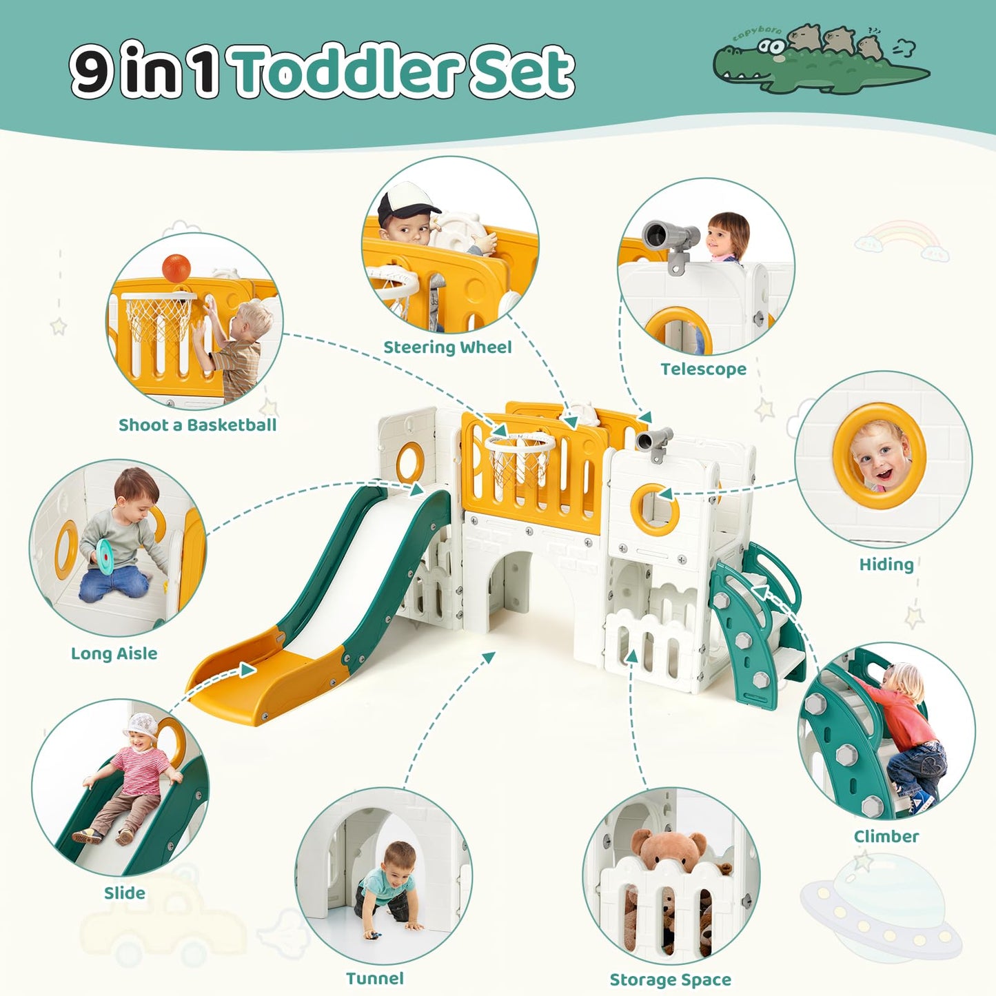 MAMIZO 9-in-1 Children's Slide, Children's Slide with Climbing Frame, Indoor and Outdoor Slide with Basketball Hoop and Telescope, Tunnel, Storage Space, Garden Slide, Children's Playground, with 2