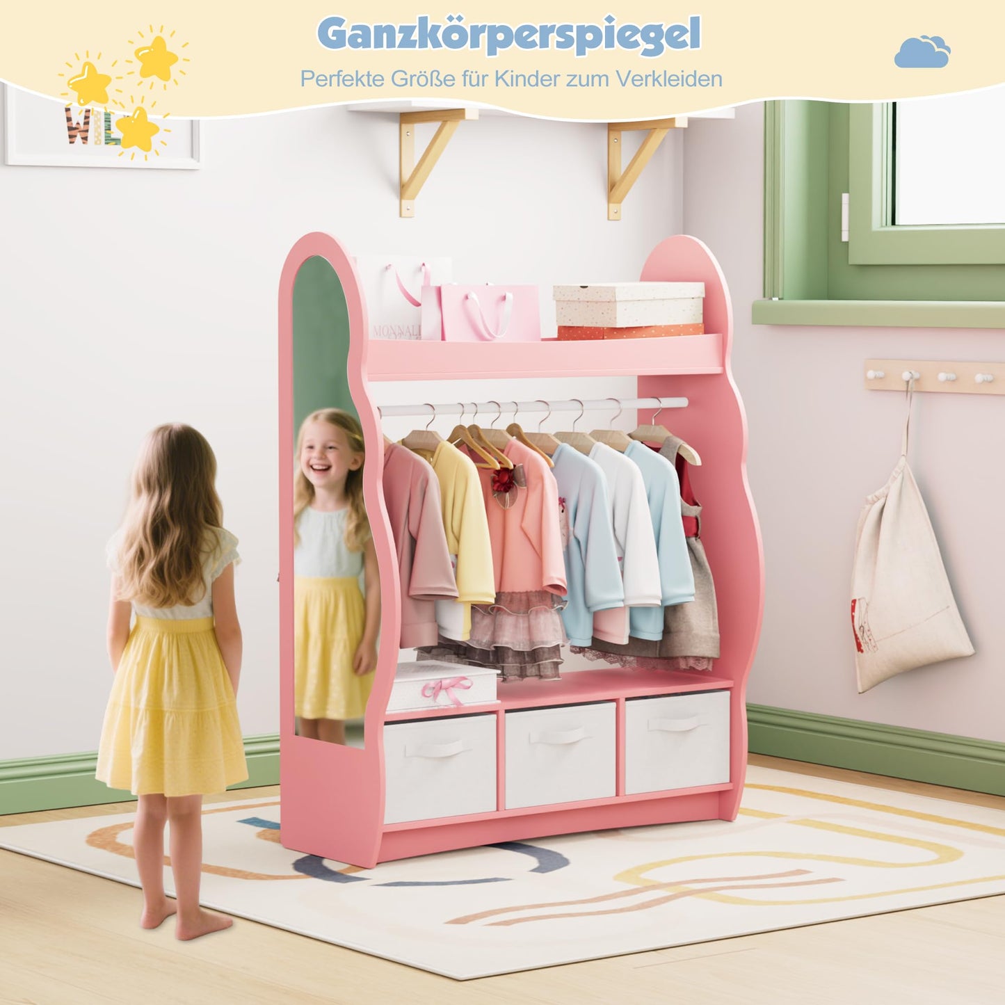 Children's Clothes Rack with Mirror, Clothes Rail with Shelves, Children's Wardrobe Wood, Children's Shelf for Children's Room, 81 x 28 x 106.5 cm (Clouds with 2 Drawers, White)