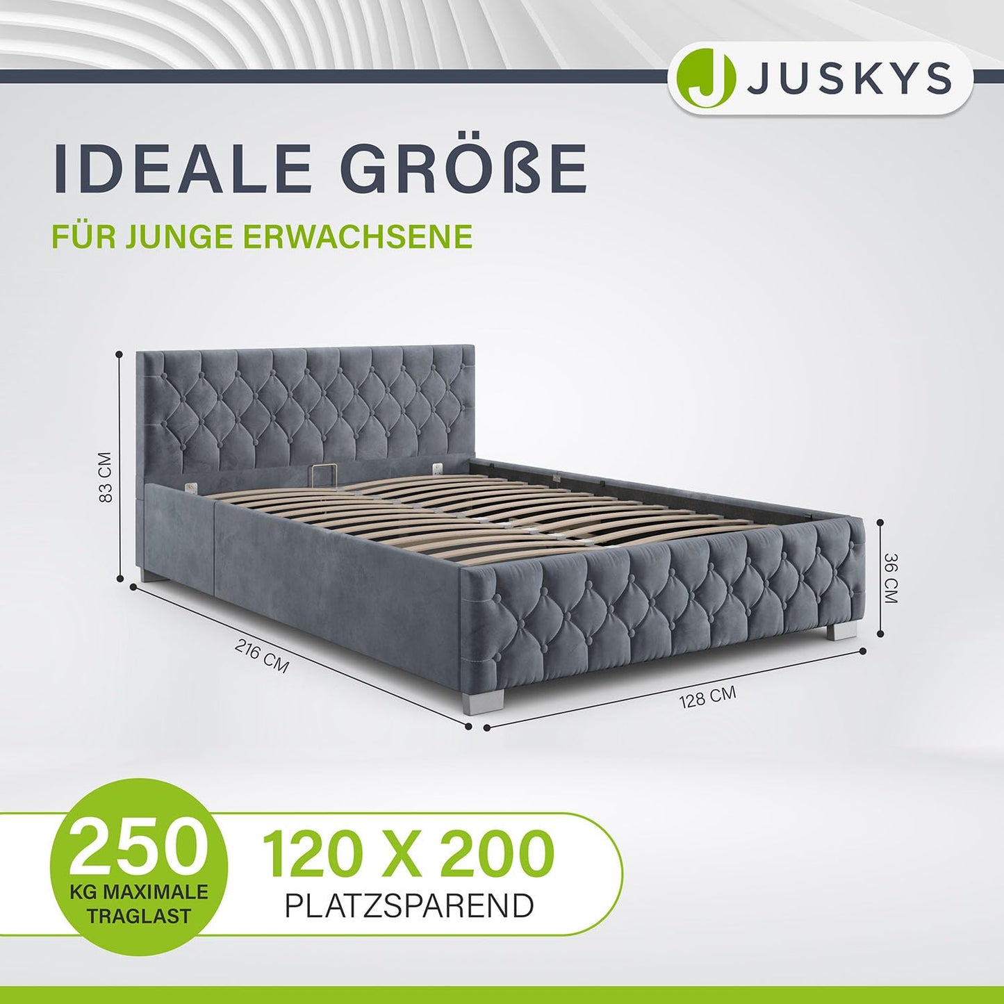 Juskys Nice Upholstered Bed 180 x 200 cm Velvet with Storage Space, LED Lighting & Slatted Frame - Chesterfield Quilting & Headboard - Bed Frame - Grey