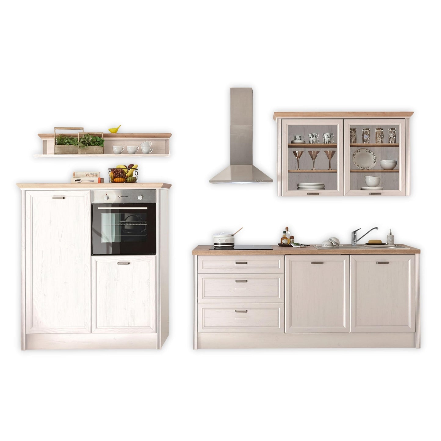 Jasmin Modern Kitchen Unit without Electrical Appliances in Light Pine Artisan Oak Look - Spacious Fitted Kitchen in Country House Style - 344 x 228 x 60 cm (W x H x D)