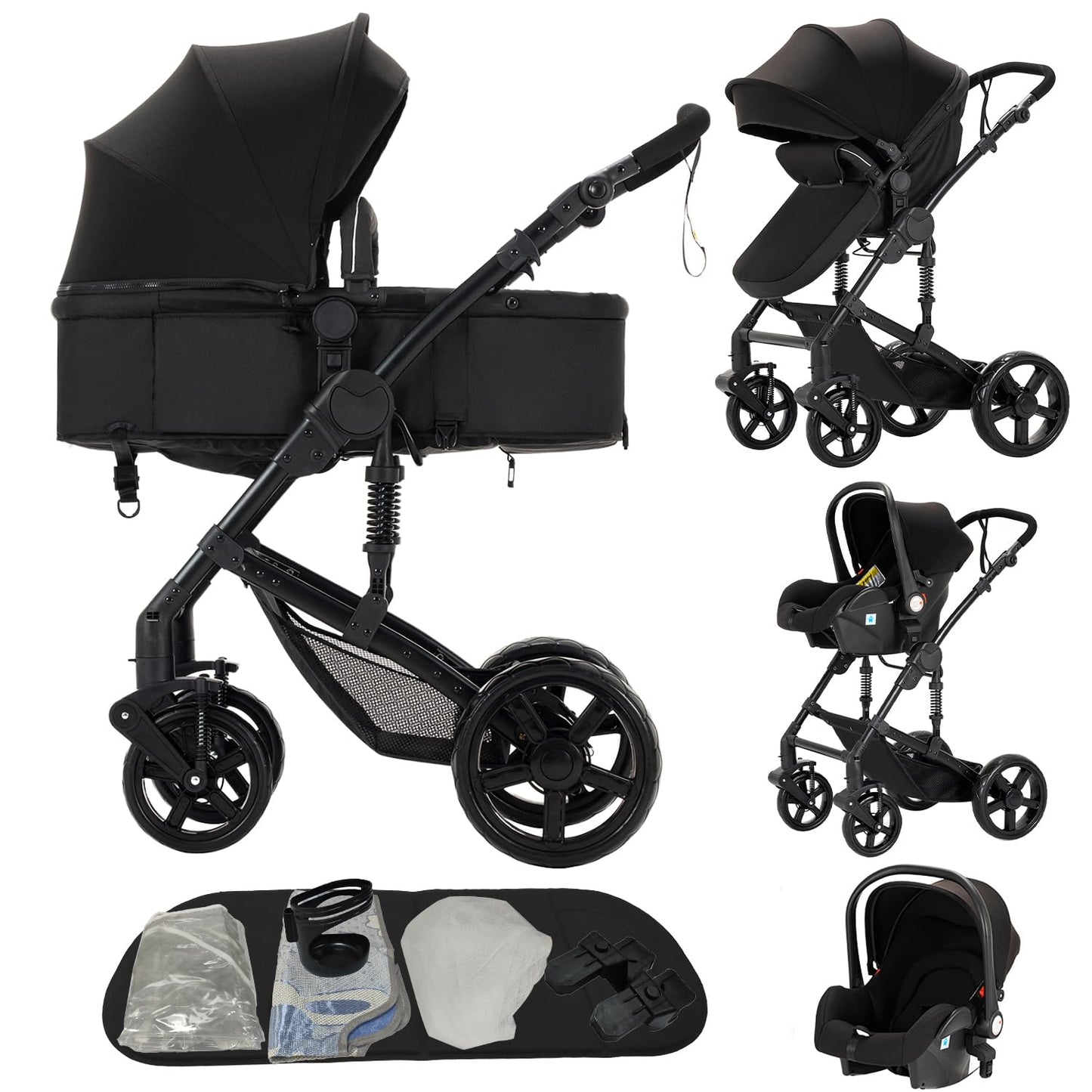 Doraystar 360° Rotation PU Leather Pushchair 3-in-1 Combination Pushchair 3-in-1 with Two Reversible Sliding Modes, Pushchair Complete Set with One-Click Folding Design, Aluminium Alloy Frame (906