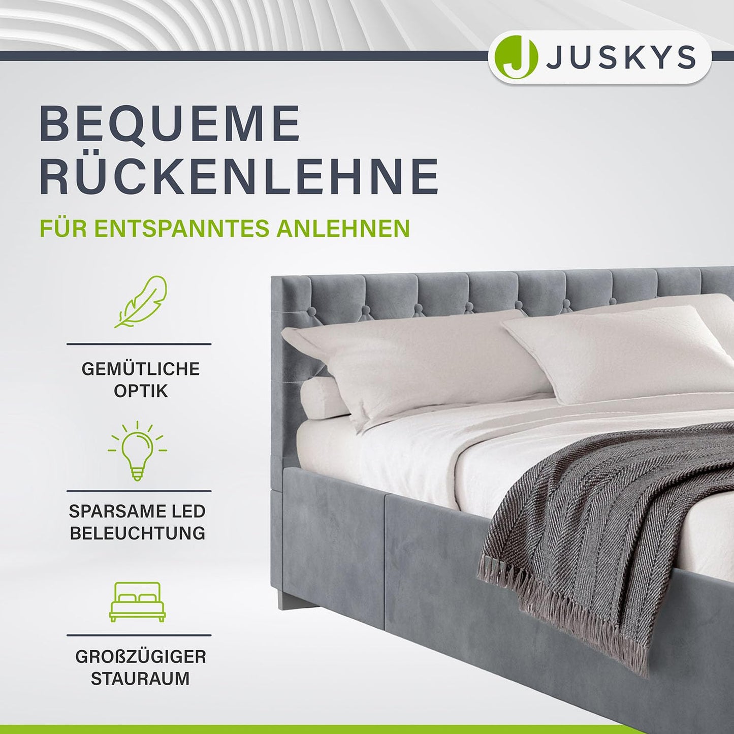 Juskys Nice Upholstered Bed 180 x 200 cm Velvet with Storage Space, LED Lighting & Slatted Frame - Chesterfield Quilting & Headboard - Bed Frame - Grey