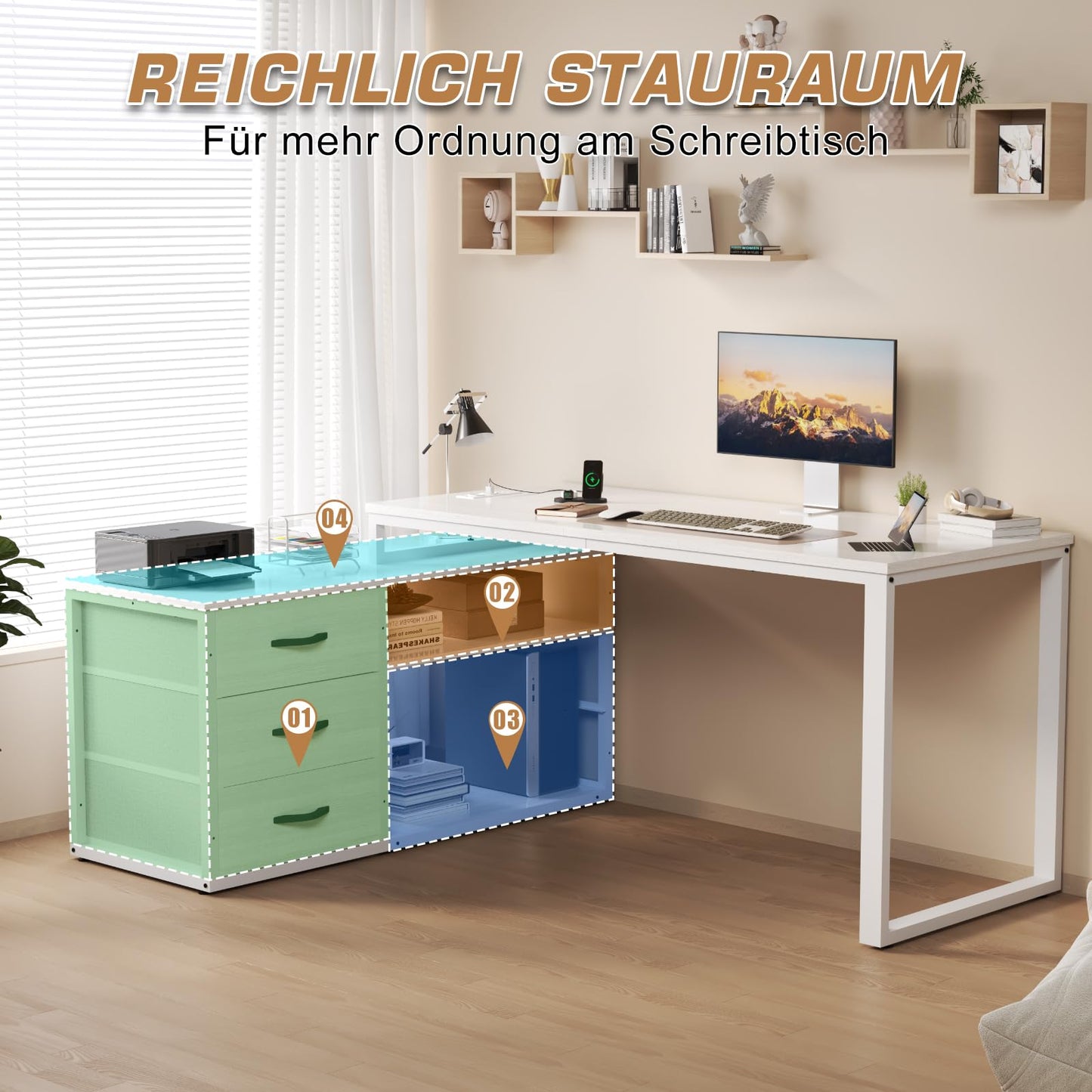 Desk l Shape with 3 Drawers & Storage Space, 140 x 105 x 75 cm Reversible Corner Desk, L-Shaped Desk with 2 USB Charging Ports and 2 Sockets, White