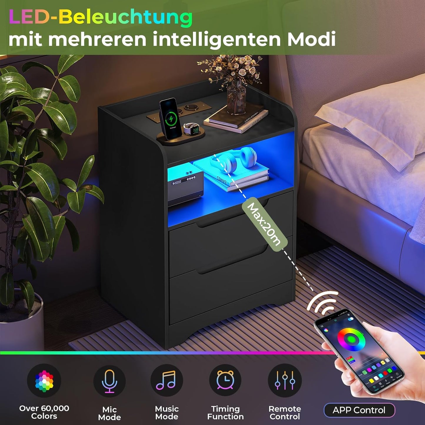 Bedside Table Set of 2 Bedside Tables with Charging Function and LED Light, Bedside Table, Set of 2 with 2 Drawers, Black Side Table, Black Coffee Table, Sofa Table for Bedroom, Living Room