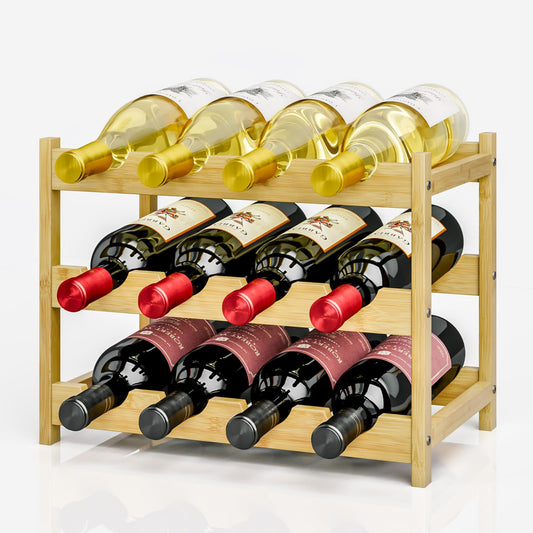 Dripex Wooden Wine Rack Bottle Rack, Small Wine Bottle Rack, Wine Bottle Holder 12 Bottles, Slim Wine Stand Standing, Drinks Rack Bottles for Cellar Kitchen, 3 Levels