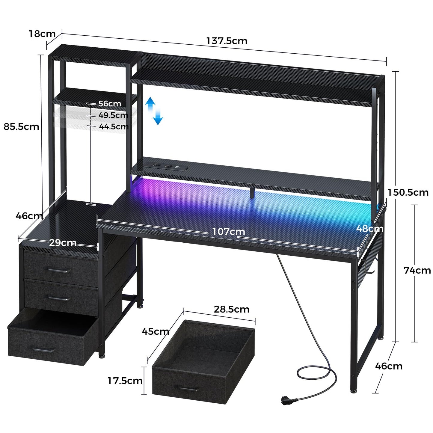 Coleshome Gaming Table with Shelf and Drawers, 137 x 48 cm Gaming Desk with LED Lighting and Socket, Computer Desk with Shelves and Monitor Stand, Carbon Fibre Black