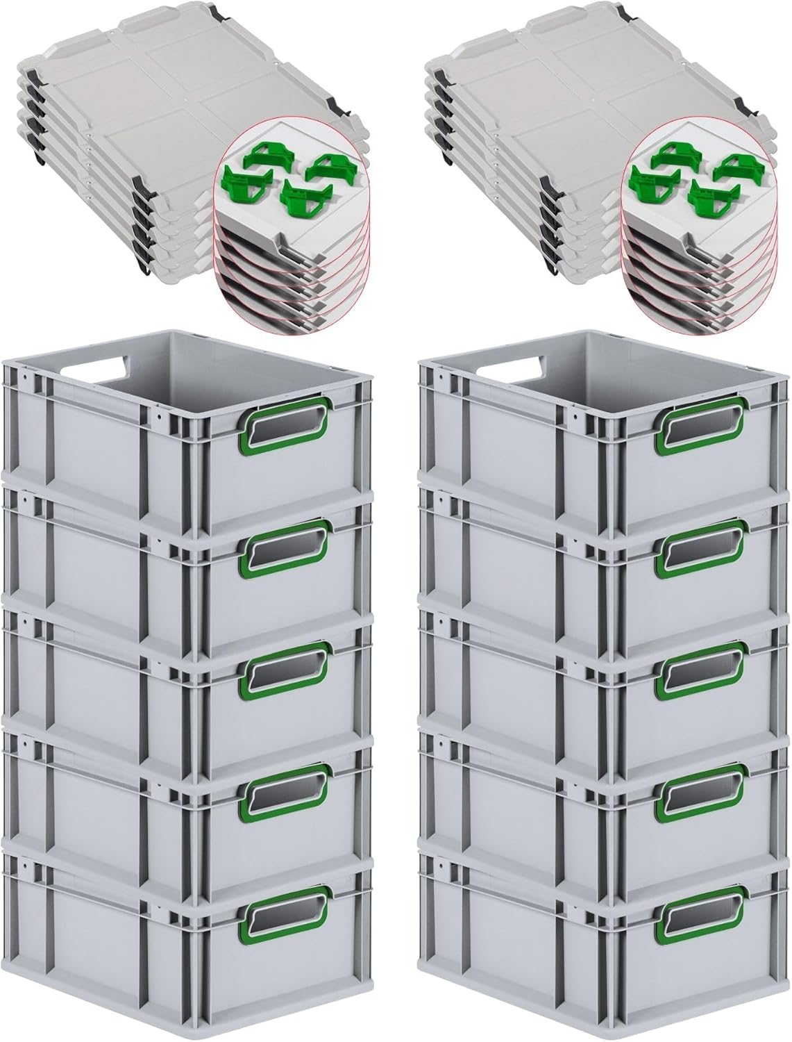 PROREGAL Economy Set of 5 Eurobox NextGen Colour with Lid and Sliding Snap Fasteners, H x W x D 22 x 30 x 40 cm, 20 L, Black, Closed Handles, Euro Container, Transport Box, Transport Container