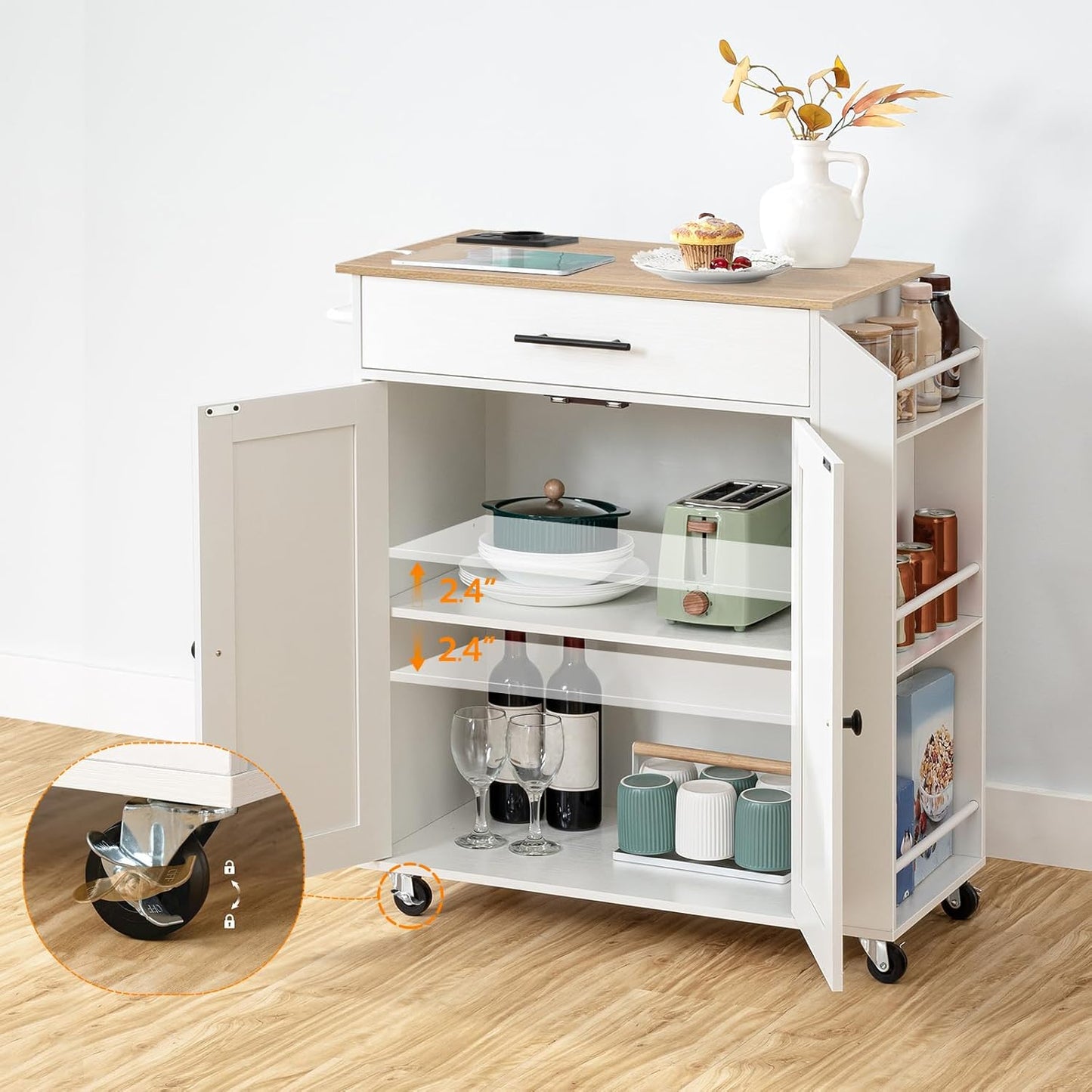 HOOBRO EWN82CZD01 Kitchen Trolley with Worktop, Kitchen Island with Power Strip, Movable Kitchen Island with Drawer and Spice Rack, Kitchen Trolley on Wheels, 80.8 x 38 x 86 cm