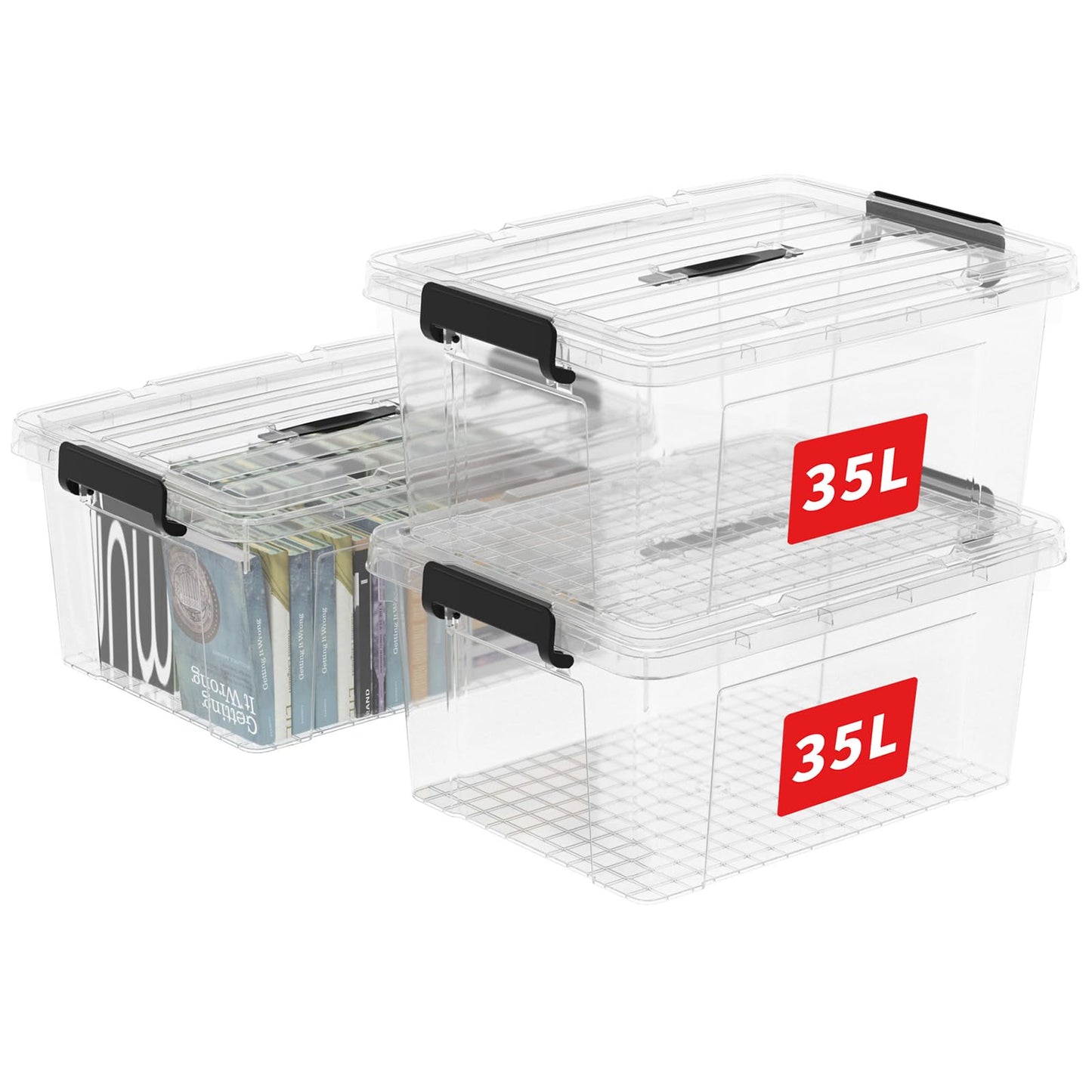 Cetomo 45 L x 3 Storage Boxes, Portable Plastic Boxes with Lids, Organiser Container with Handle and Clips, Stackable, Nestable, for Home and Office, Transparent, 45 L, Pack of 3