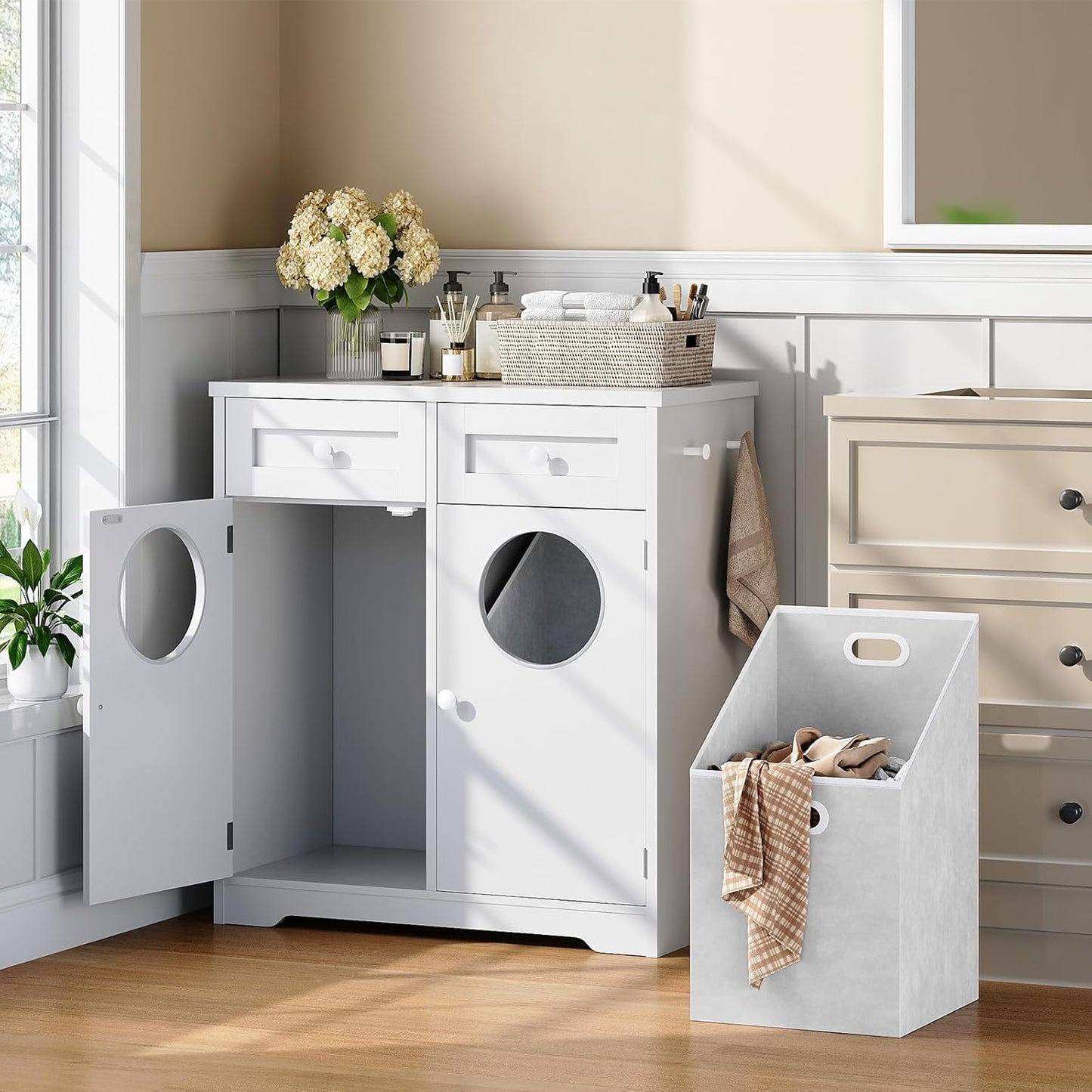 HOOBRO Bathroom Cabinet with Laundry Basket, Bathroom Cabinet with 2 x 37L Laundry Baskets, Freestanding Laundry Cabinet with 2 Drawers and 4 Hooks, for Bathroom, Laundry Room, White EWT36XY01