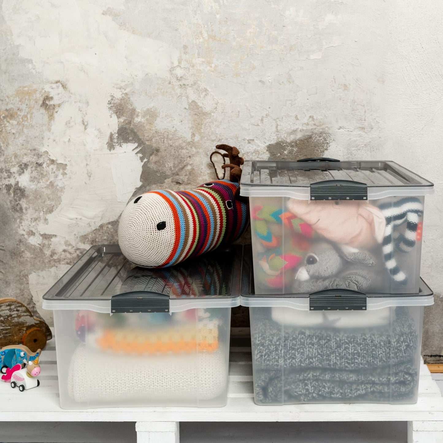 Rotho Compact Storage Box 70 L with Lid and Wheels, Plastic (PP Recycled), BPA-Free, Cappuccino/Anthracite, A3/70 L (57.0 x 39.5 x 43.5 cm)