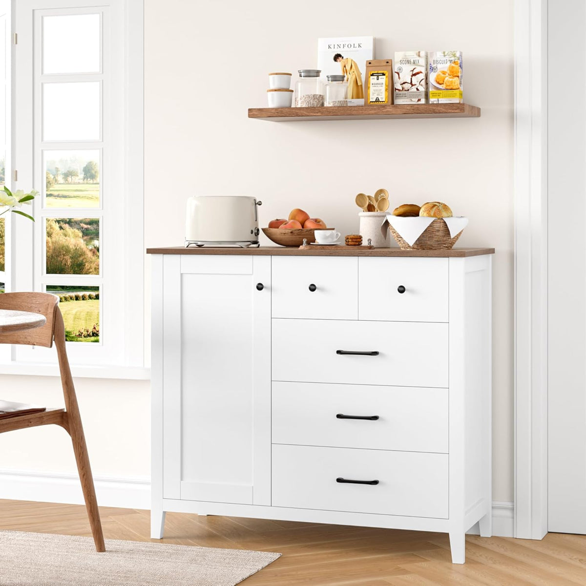 HOCSOK Sideboard, Küchenschrank mit 5 Schubladen und 1 Tür, Buffetschrank mit Arbeitsplatte für Küche, Esszimmer, Wohnzimmer, Flur, Holz, Weiß & Braun