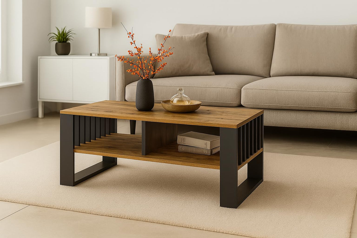 Meble Pitus Coffee Table White - Modern Living Room Table 90 x 50 x 50 cm with Storage Space & Slat Design