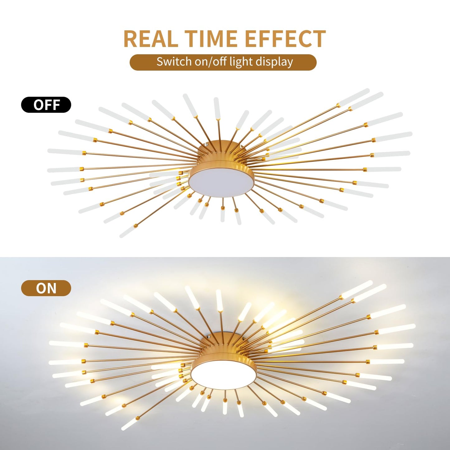 minifair Moderne LED-Deckenleuchte, 12 + 1 Köpfe, halbbündige Deckenleuchte, goldene Kronleuchter, Deckenbeleuchtung für Schlafzimmer, Wohnzimmer, Küche, Esszimmer, Restaurant