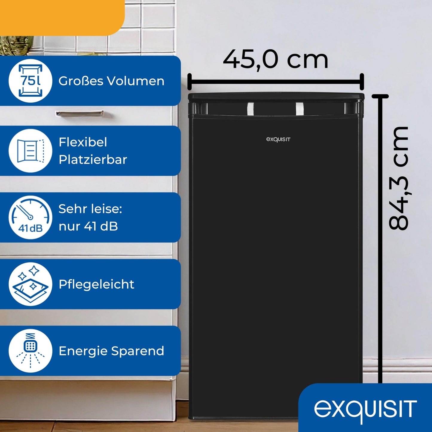 Exquisit KS585-V-091E Full-Room Refrigerator, 75 Litres, Freestanding, Small and Compact, 45 cm Wide, LED Interior Lighting