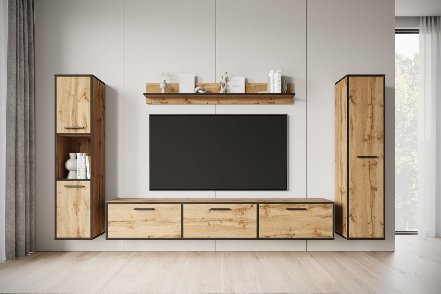 MINIO go for it - Living Room Wall Unit 4-Piece Toga, Living Room Furniture Set, 1 x TV Lowboard, 2 x Tall Cabinet, 1 x Wall Board, Living Room Furniture Complete, Living Room Set - Colour Wotan Oak