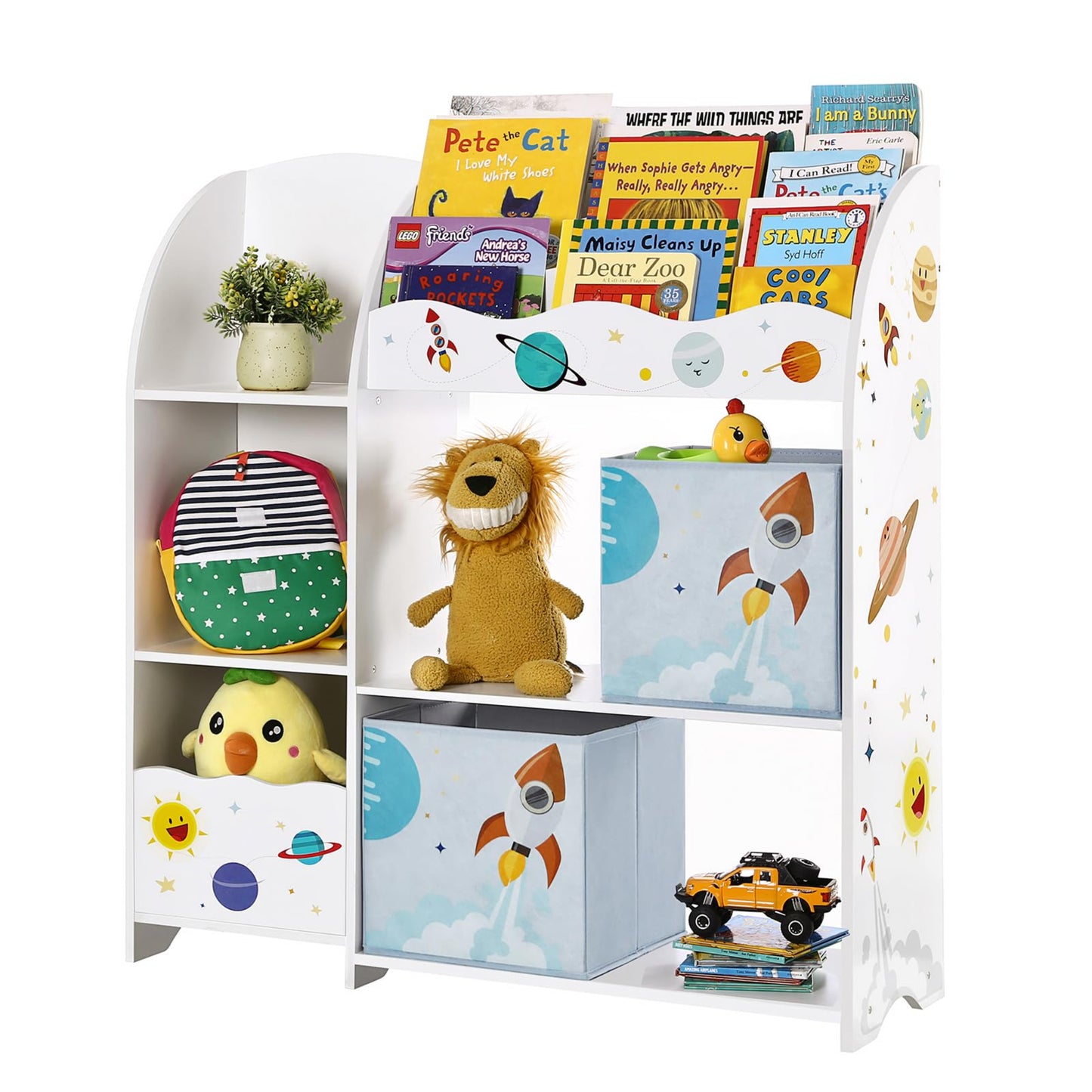 Songmics Children's Room Shelf, Toy Organiser, Bookcase for Children, Multifunctional Shelf with 2 Storage Boxes, Outer Space Stickers for Kids Bedroom, White GKR42WT